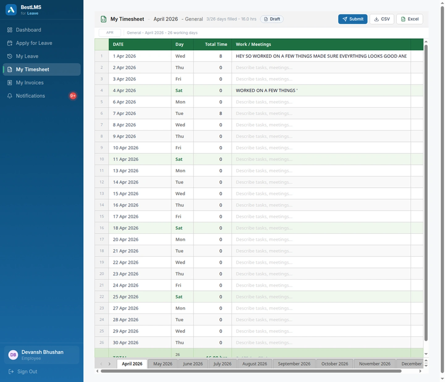 BestLMS contractor timesheet software showing client-wise vendor hours in a spreadsheet-style grid