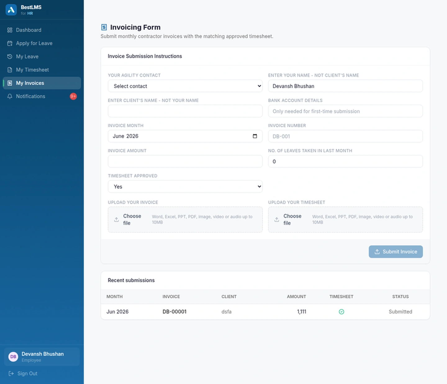 NexaConsulting client timesheet and contractor invoice workflow in BestLMS