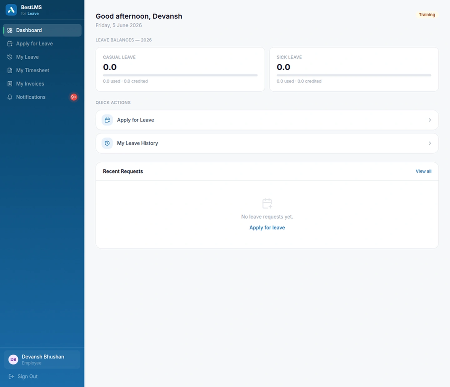 BestLMS leave approval queue showing pending requests and manager approve or decline actions